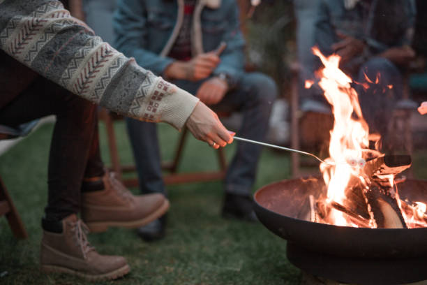 Friends roasting marshmallows on fire pit